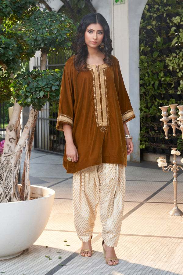 Sand Colour Velvet Kurta With Chanderi Salwar