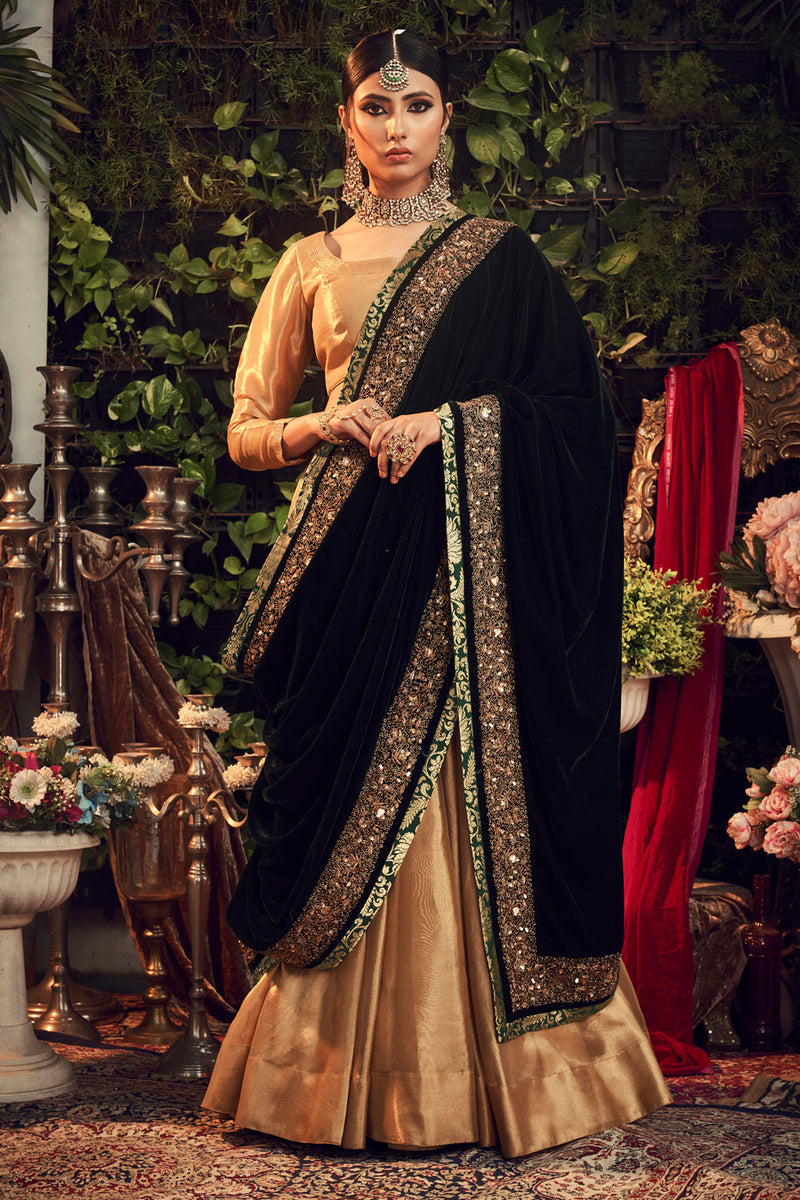 Oxidised Gold Lengha Set With Velvet Dupatta Shawl