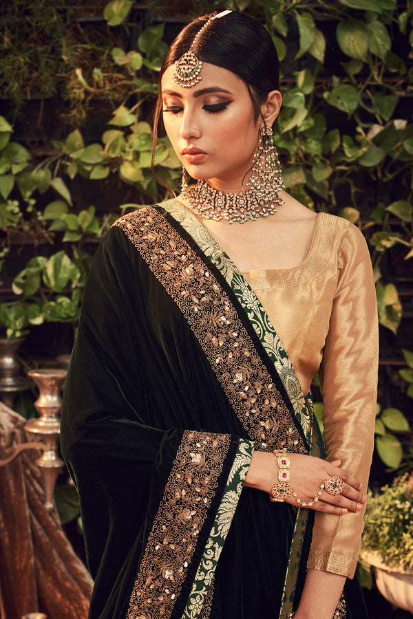 Oxidised Gold Lengha Set With Velvet Dupatta Shawl