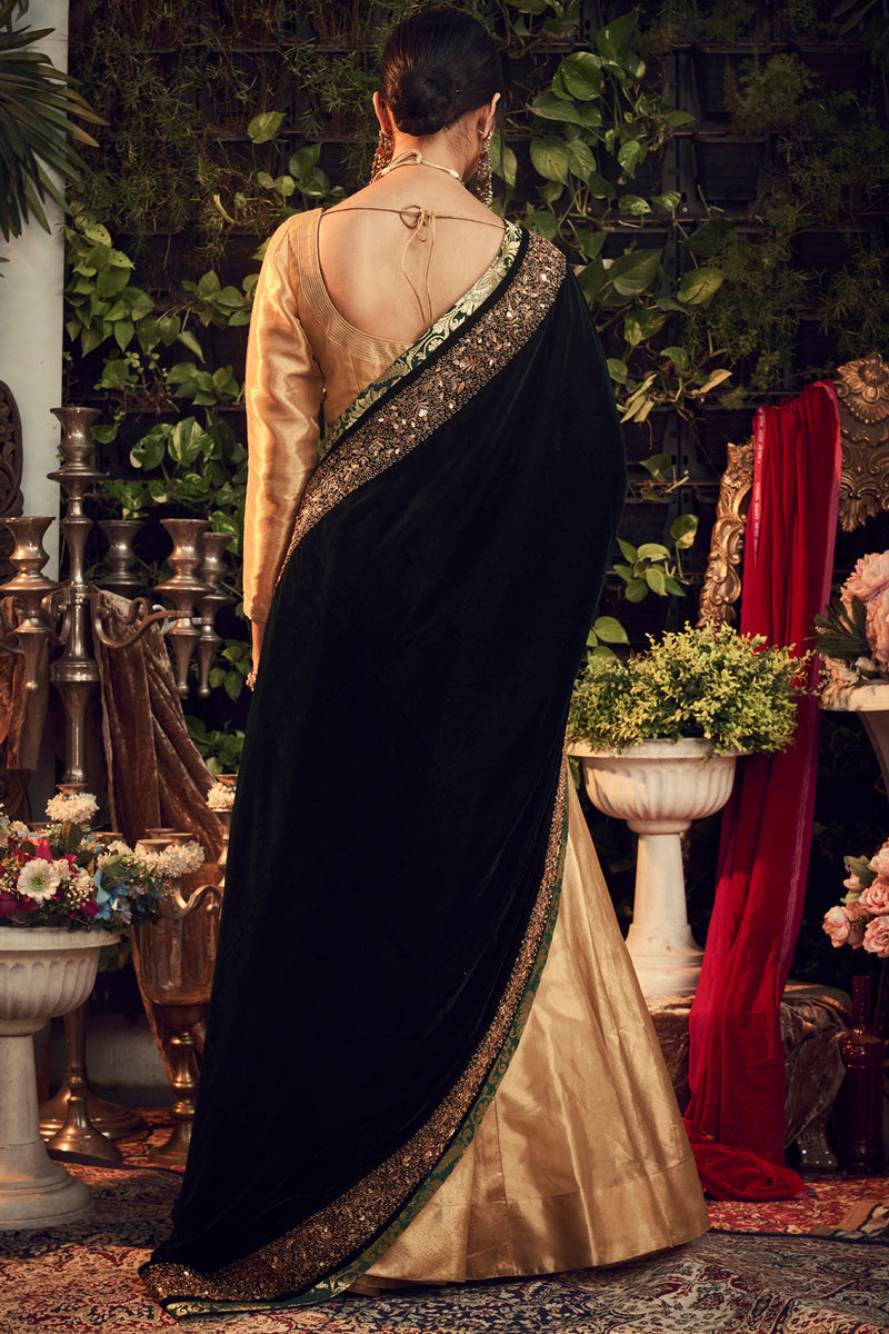 Oxidised Gold Lengha Set With Velvet Dupatta Shawl