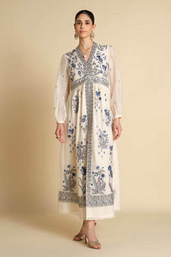 Aditha Embroidered Mul Kaftan - Blue & White