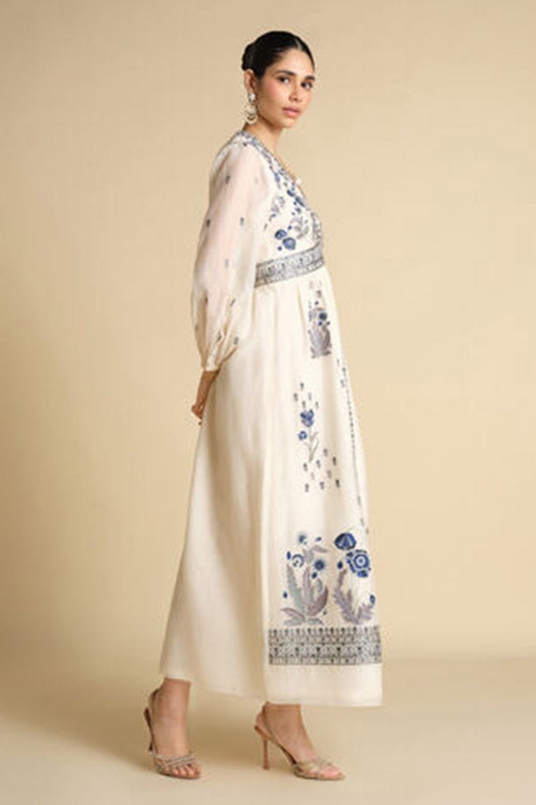 Aditha Embroidered Mul Kaftan - Blue & White
