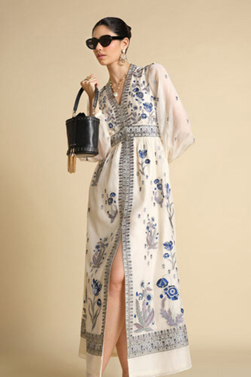 Aditha Embroidered Mul Kaftan - Blue & White