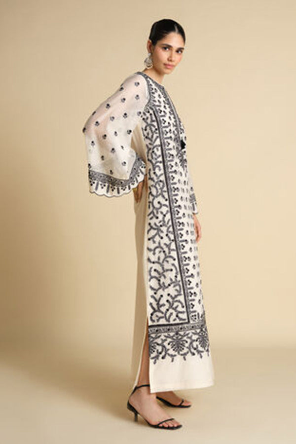 Sawsan Embroidered Mul Kaftan - Black & White