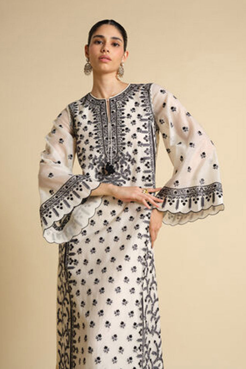 Sawsan Embroidered Mul Kaftan - Black & White