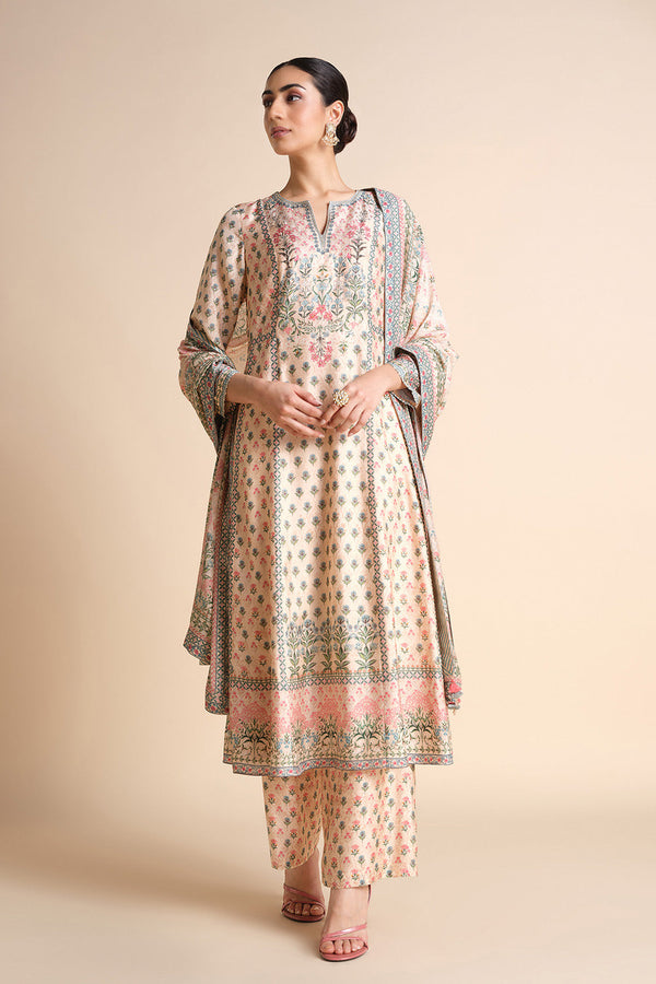 Indivarini Printed Silk Anarkali - Ivory