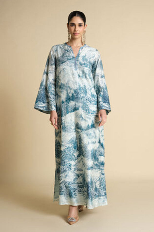 Shahma Printed Silk Kaftan - Powder Blue