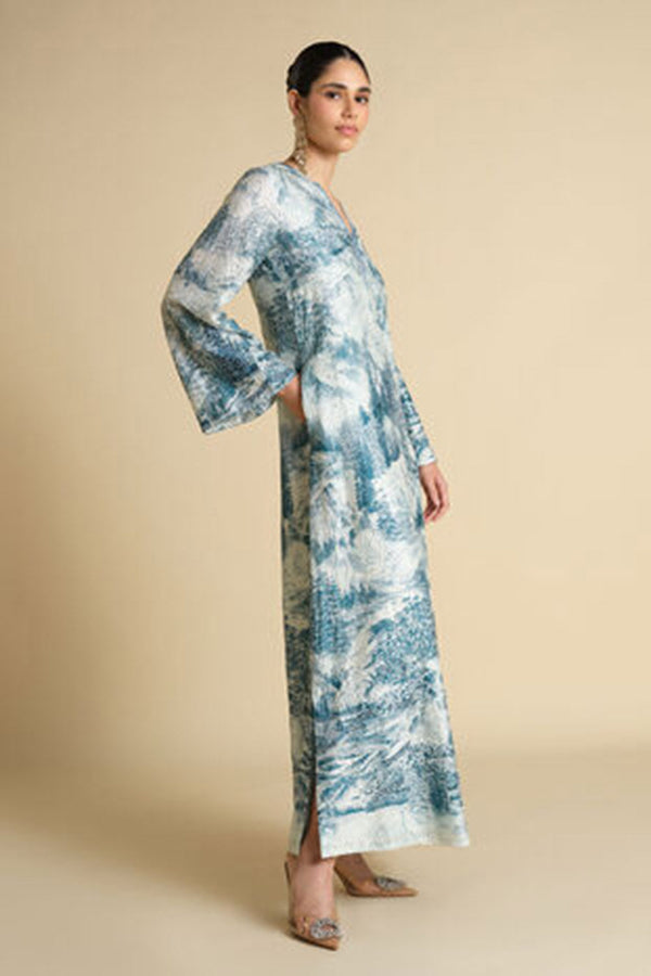 Shahma Printed Silk Kaftan - Powder Blue