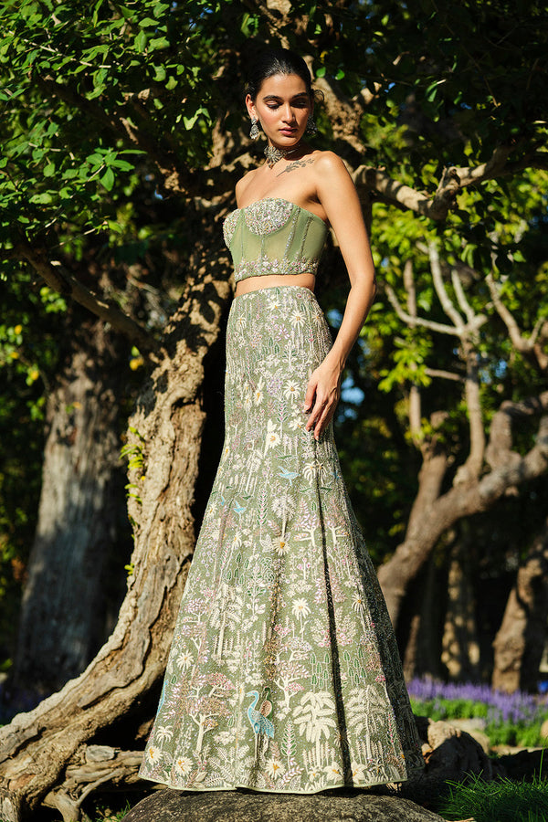Elodea Embroidered Silk Skirt Set - Sage
