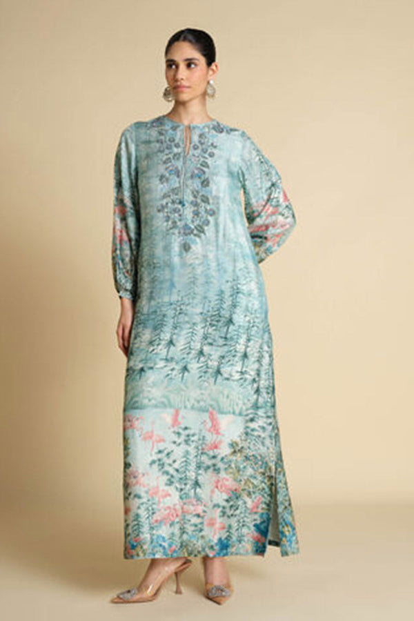 Nabha Printed Silk Kaftan - Powder Blue
