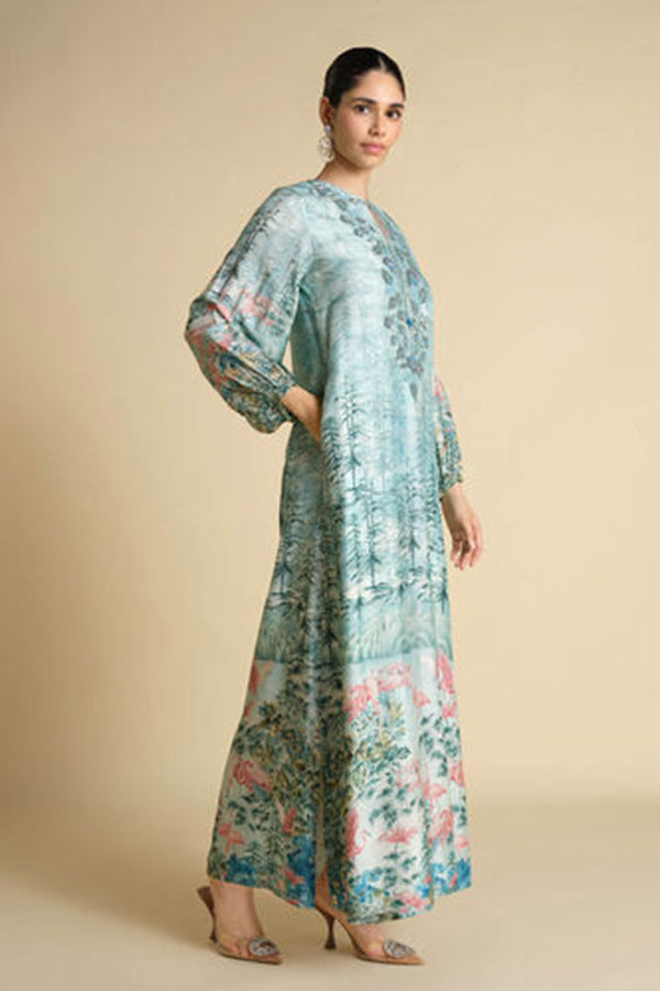 Nabha Printed Silk Kaftan - Powder Blue