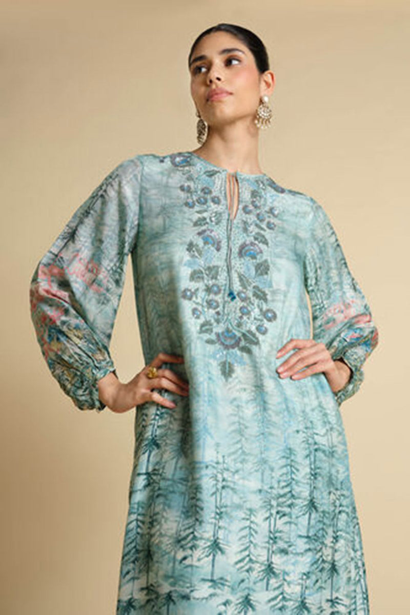 Nabha Printed Silk Kaftan - Powder Blue
