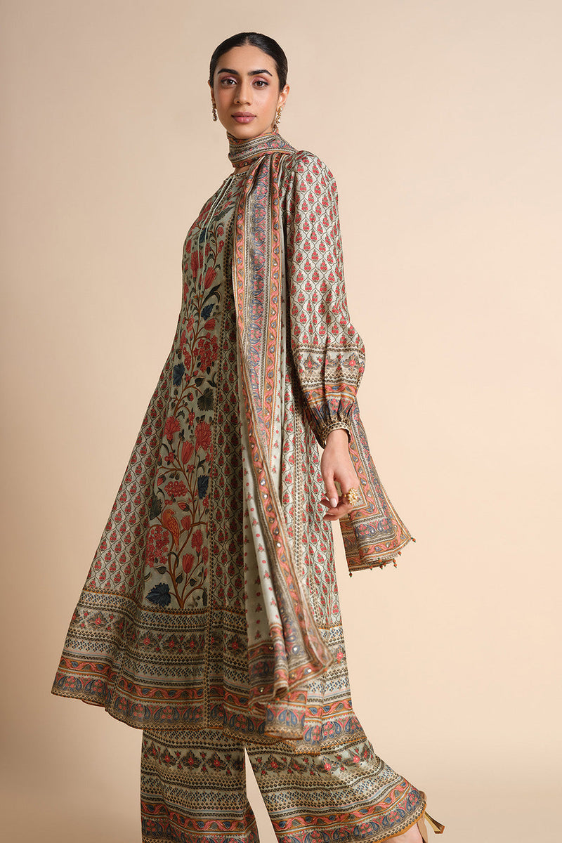 Azza Silk Kurta Set - Sage