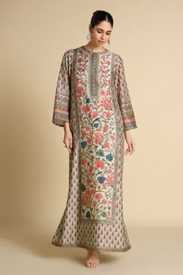 Azza Printed Silk Kaftan - Sage
