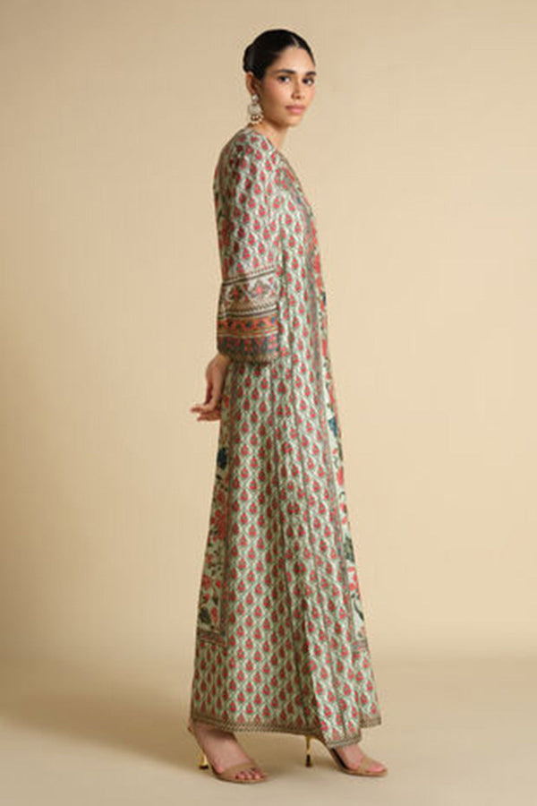 Azza Printed Silk Kaftan - Sage
