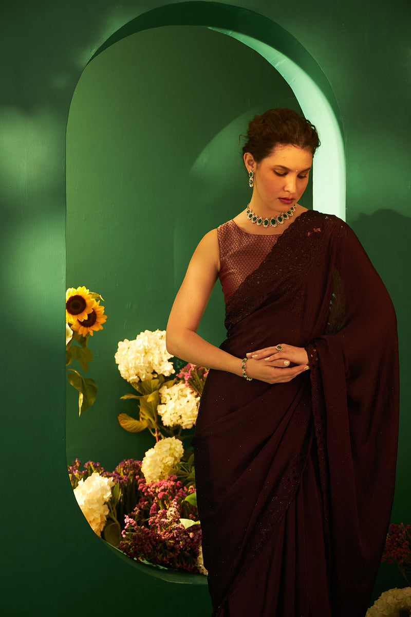 Chiffon With Laser Cut Daana Work Saree