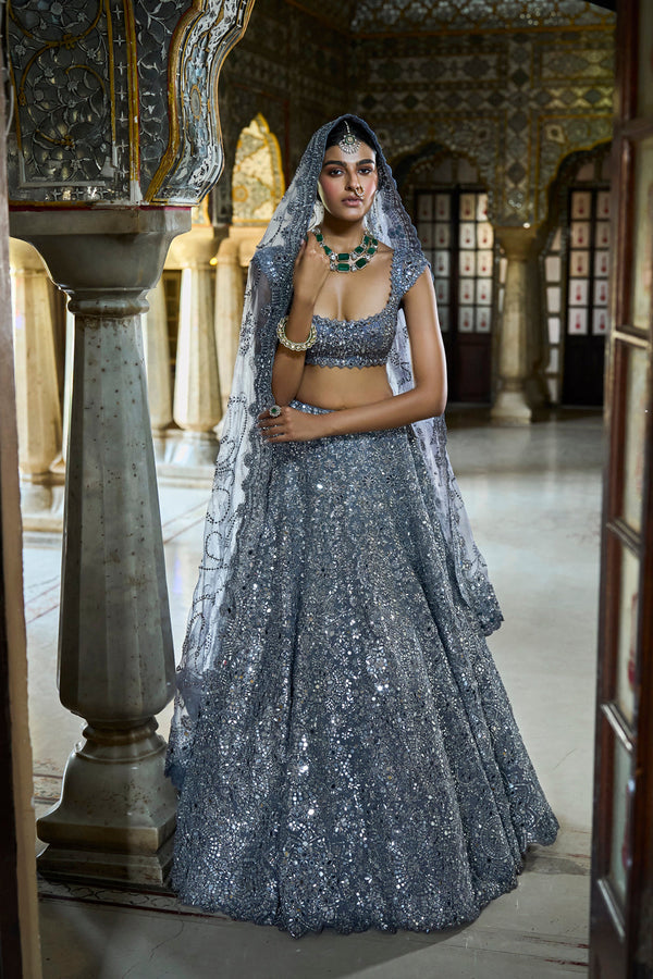 Steel Grey Mirror Work Lehenga Set