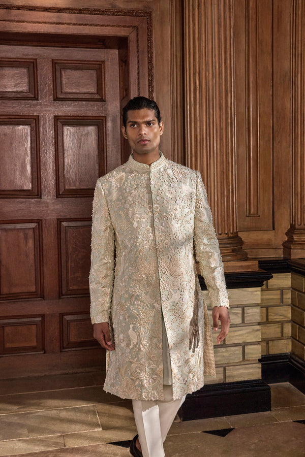 Sea Green Three Dimensional Floral Sherwani Set