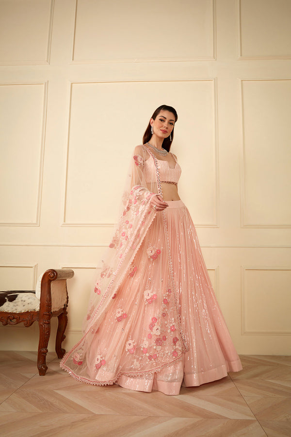 Pink Sequins Work Skirt Paired With Sequins Blouse And Net Appliqué Dupatta.
