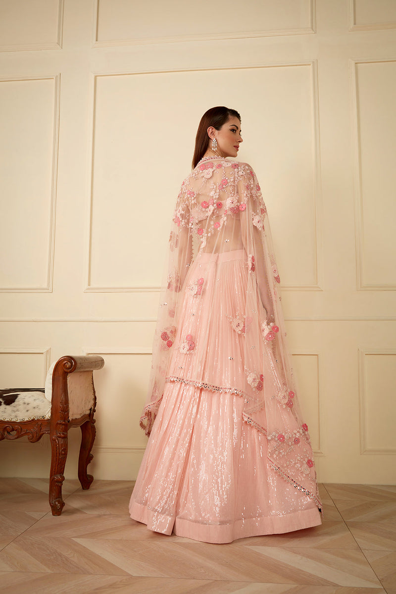 Pink Sequins Work Skirt Paired With Sequins Blouse And Net Appliqué Dupatta.