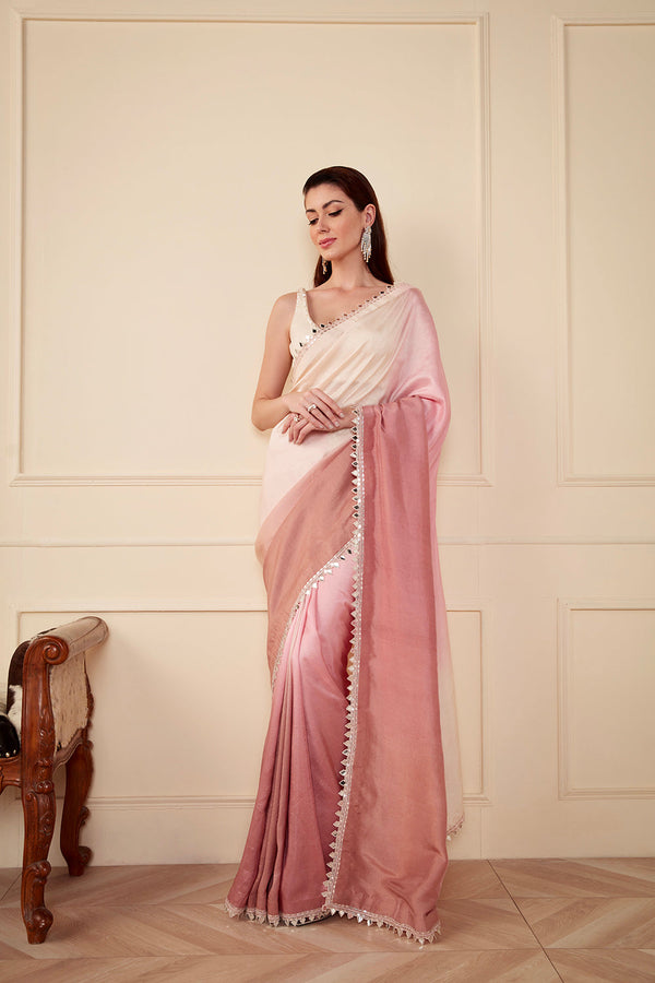 Dusky Pink Ombré Saree Paired With Ivory Sequins Blouse And Petticoat