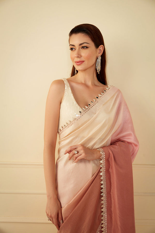 Dusky Pink Ombré Saree Paired With Ivory Sequins Blouse And Petticoat