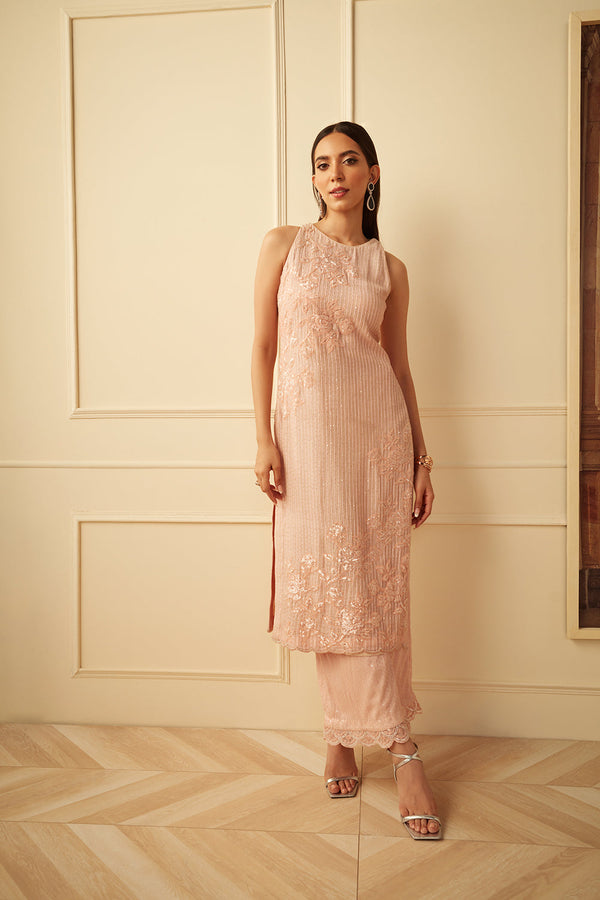 Blush Rose Applique Sequins Rose Halter Neck Suit Paired With Plazzo Pants
