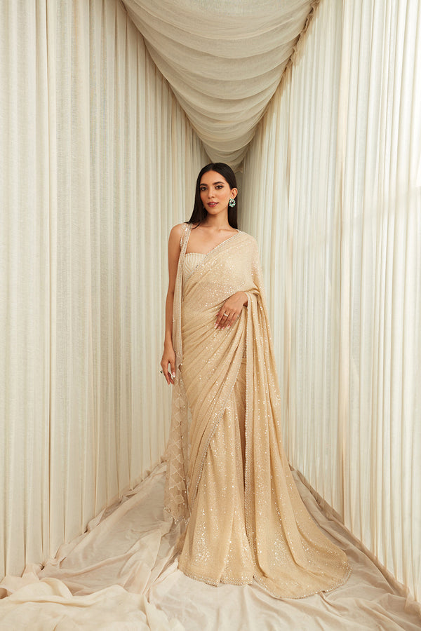 Brige Transparent Sequins Work Saree Paired With  Sequins And Cutdana Work Blouse And Peticoat - Additional Net Cape Having Sequins And Cutdana Work Embroidery.