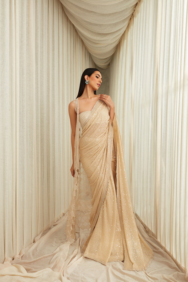 Brige Transparent Sequins Work Saree Paired With  Sequins And Cutdana Work Blouse And Peticoat - Additional Net Cape Having Sequins And Cutdana Work Embroidery.