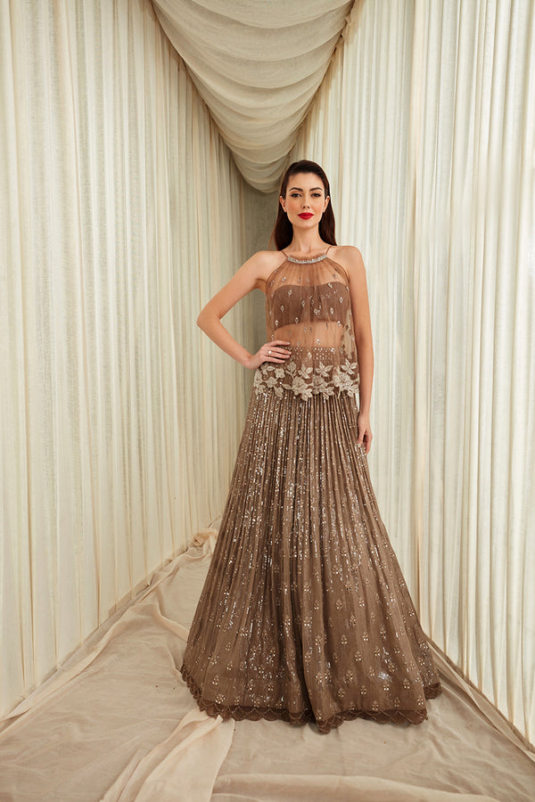 Taupe Halter Top With Bustier ,Sequin And Mirror Floral Booti Work Lehnga Set