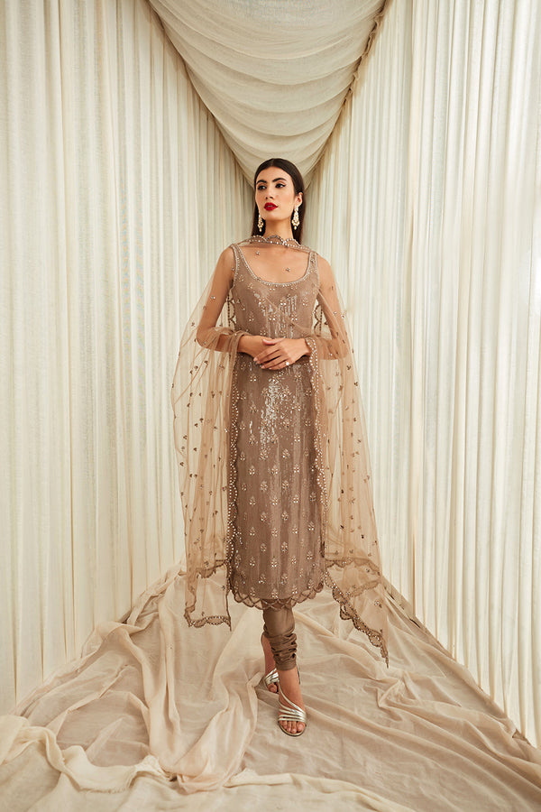 Taupe Sequins And Mirror Work Suit Set