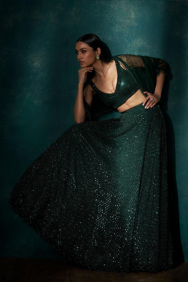 Bottle Green Cutdana Sequins Lehenga
