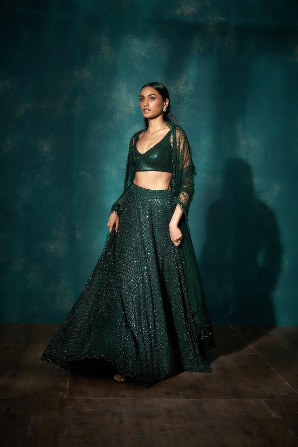 Bottle Green Cutdana Sequins Lehenga