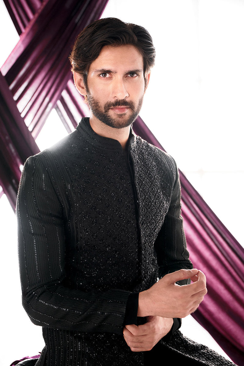 Black Chikankari and Vertical lines sherwani