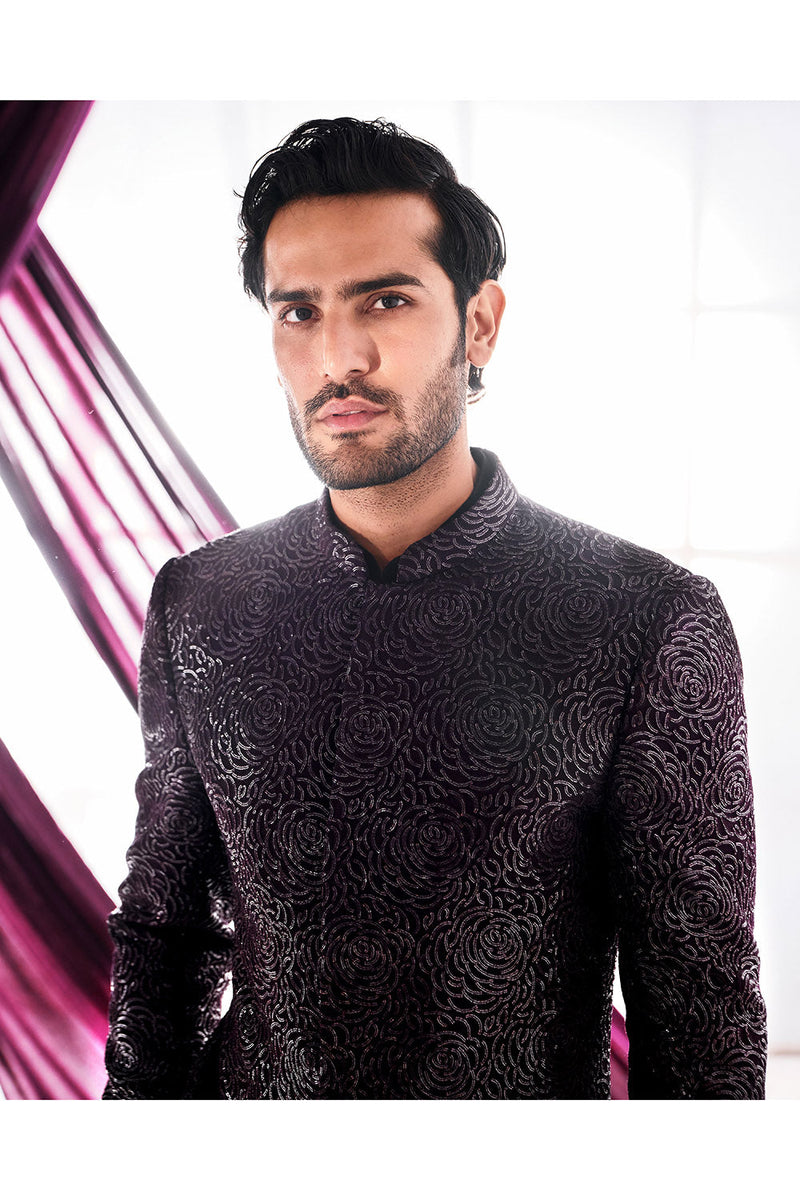 Wine black ombre sherwani