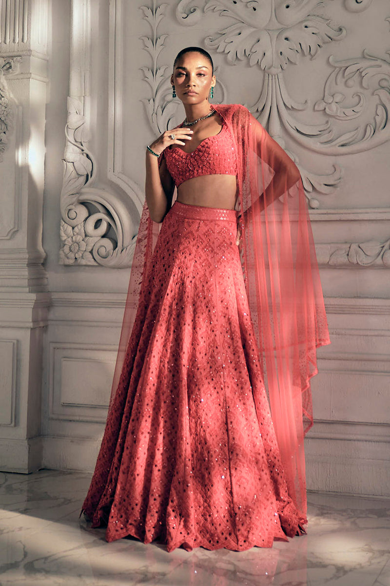 Red orange cutdana lehenga
