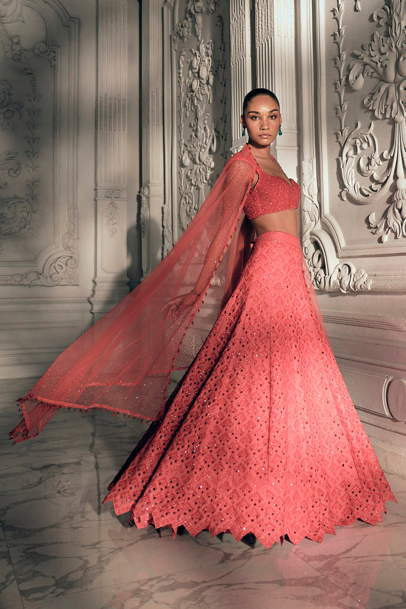 Red orange cutdana lehenga