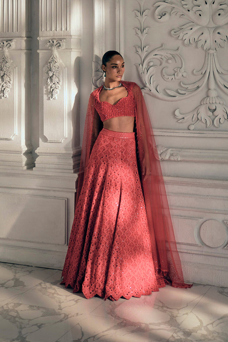 Red orange cutdana lehenga