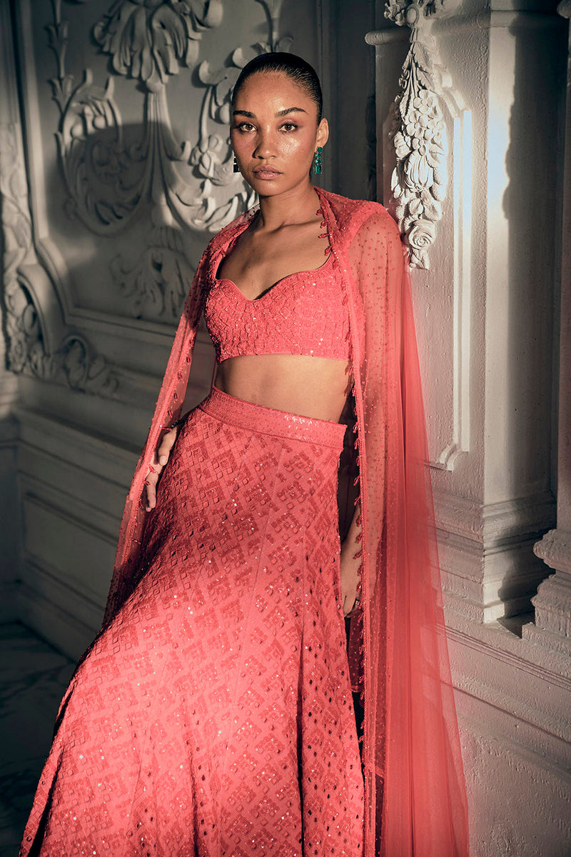 Red orange cutdana lehenga