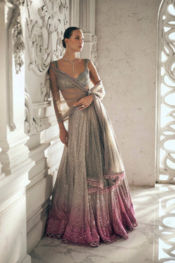 Grey to pink ombre sequins lehenga