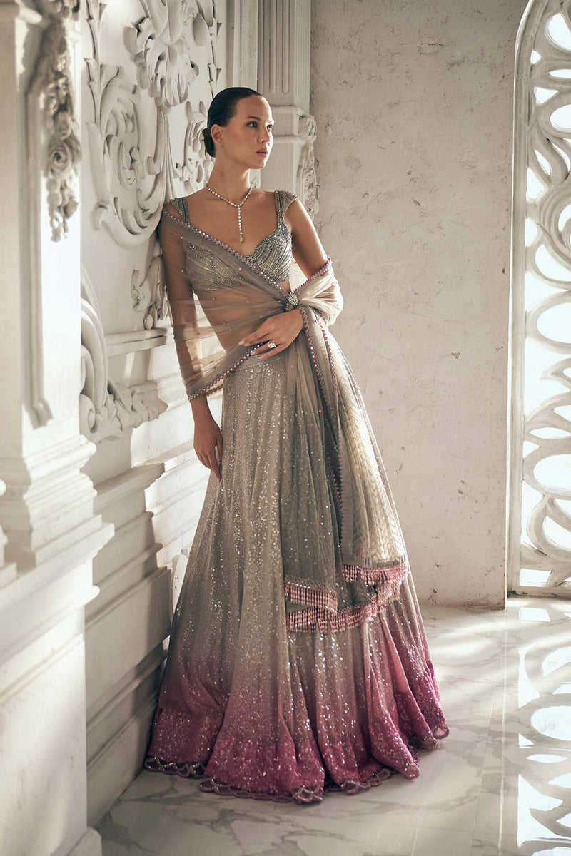 Grey to pink ombre sequins lehenga