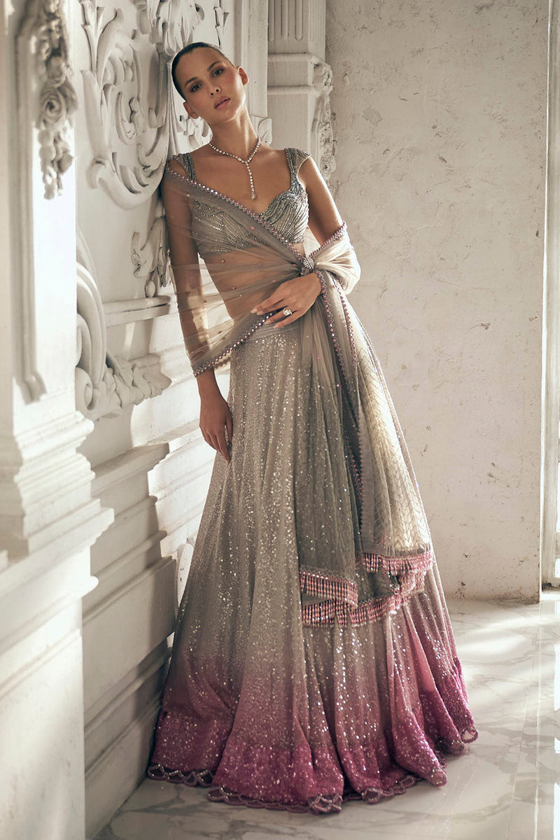Grey to pink ombre sequins lehenga