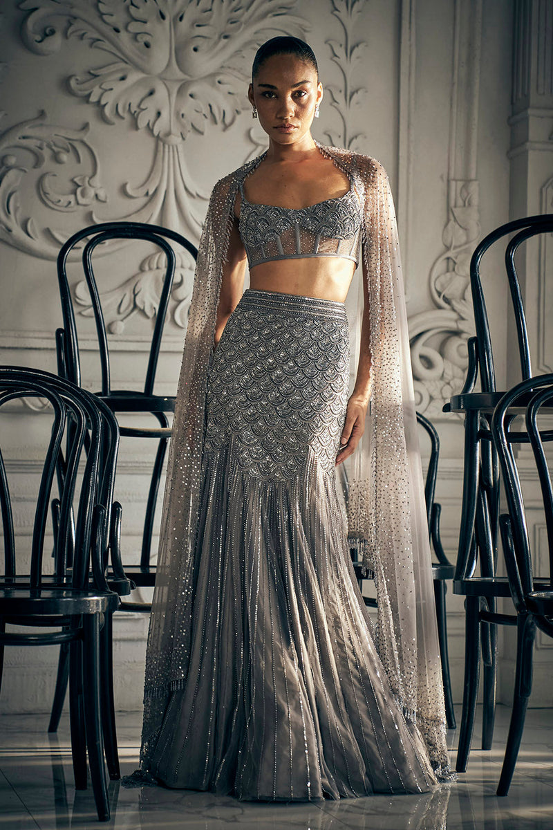 Grey fishcut lehenga