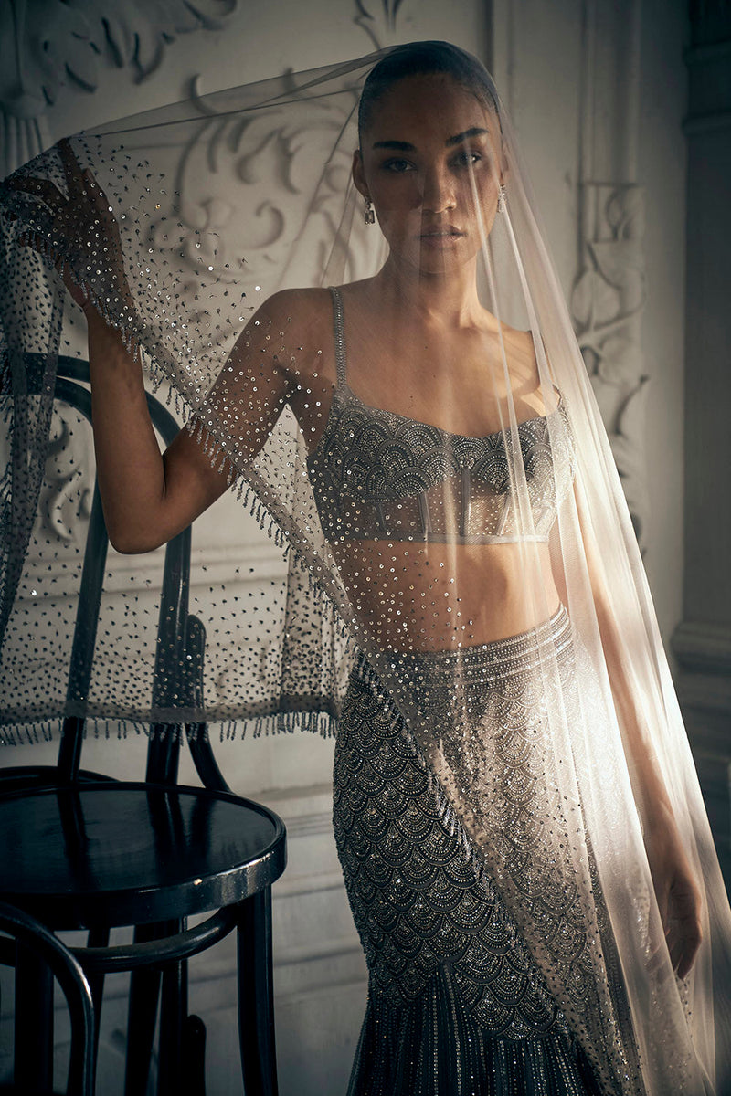 Grey fishcut lehenga