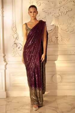 Wine to grey sequins saree