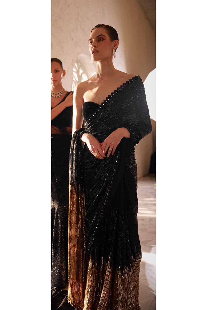 Black to gold sequins saree