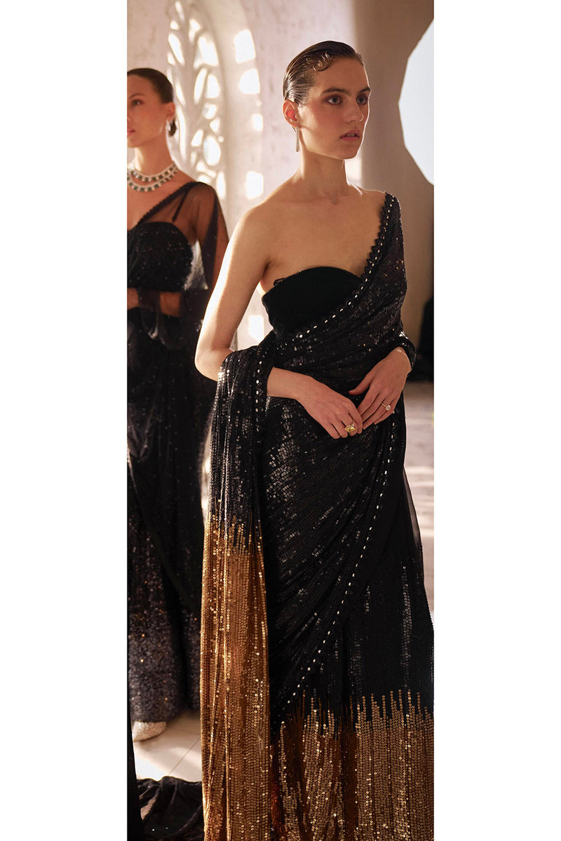 Black to gold sequins saree