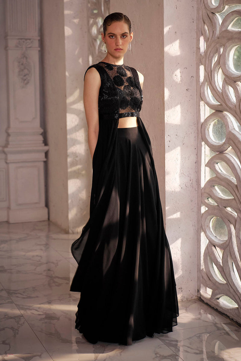 Black drape top with pants