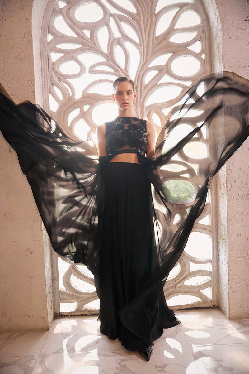 Black drape top with pants