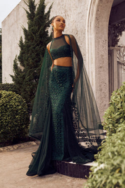 Bottle green Fishcut cutwork lehenga